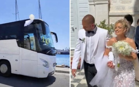 Εκκλησία της Σύρου με λεωφορείο: Το αξέχαστο γαμήλιο ταξίδι του γαμπρού και της νύφης>